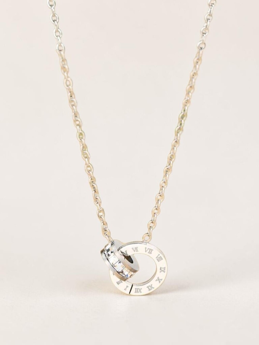 Roman Numeral Double-Circle Pendant Necklace, Cubic Zirconia Stainless Steel